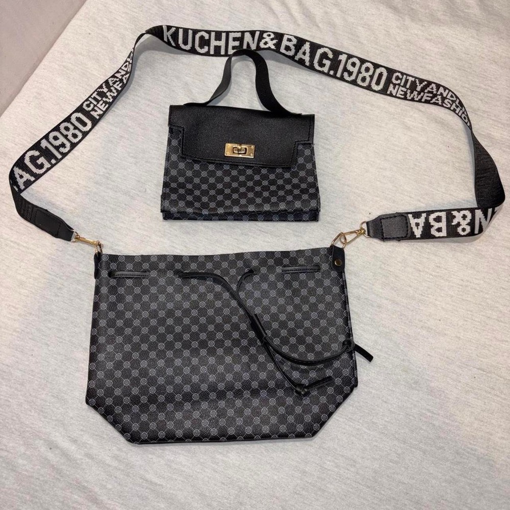 Kuchen & Bag checkered set w/ white repeating circular logo purse & handbag